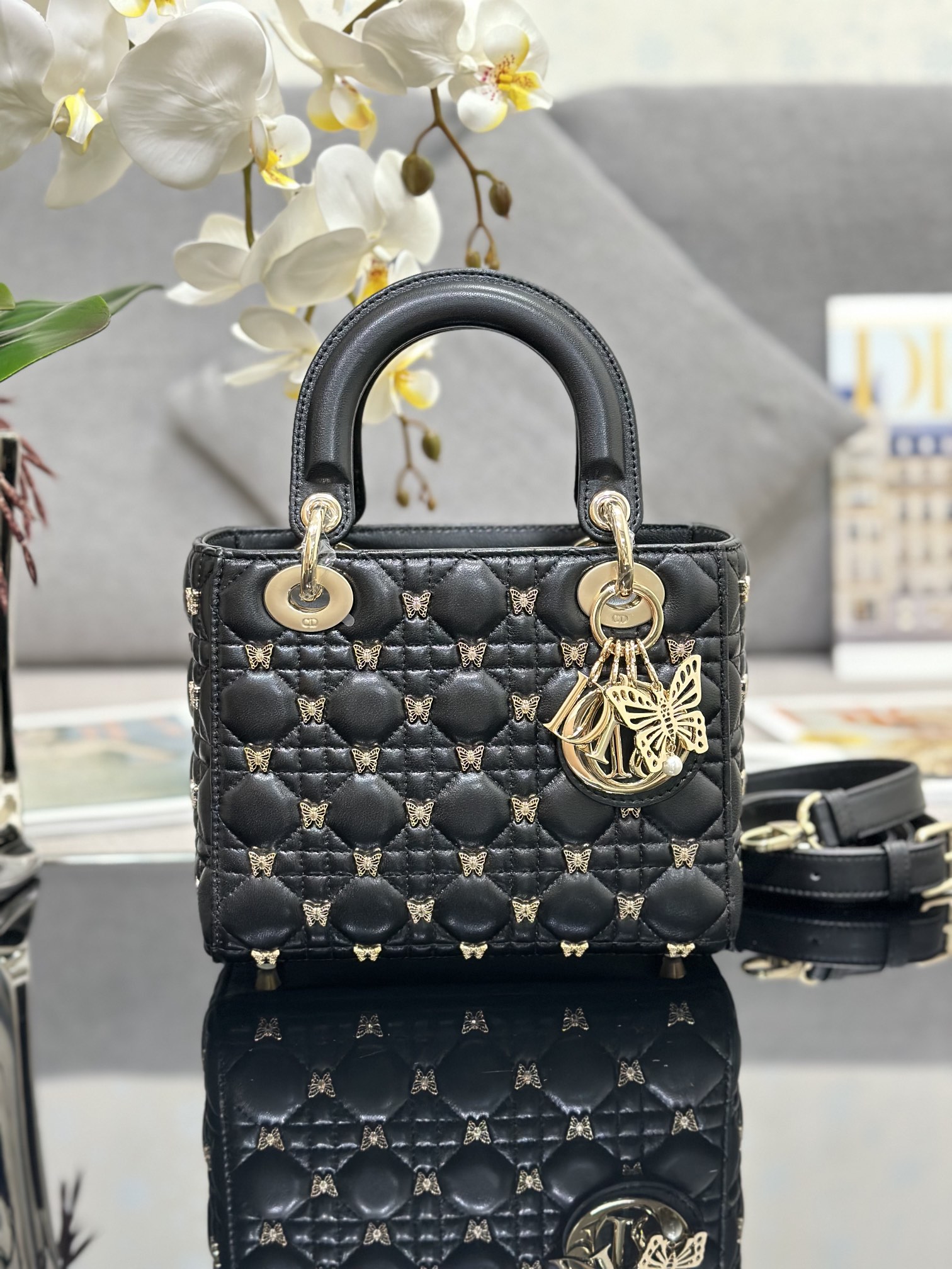 Small Lady Dior Bag Black Lambskin with Butterfly Nail